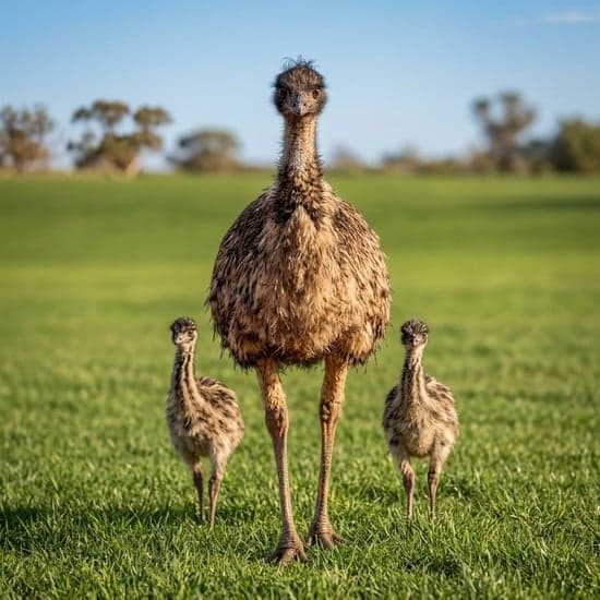 Emu australiano com filhotes no campo gramado